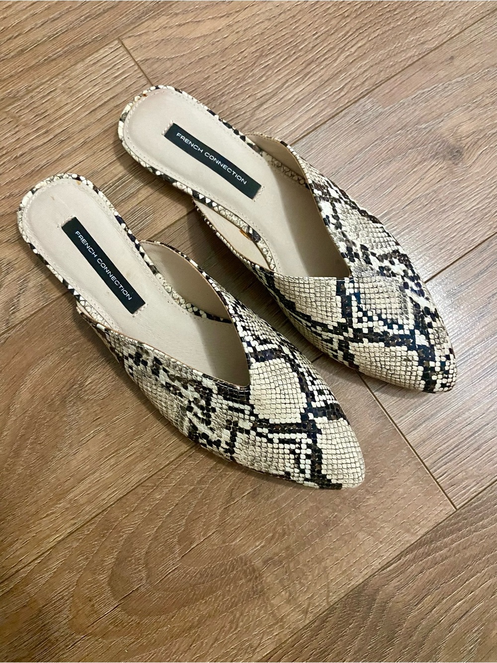 French Connection Neutral Snake-Print Pointed Mules